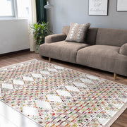 Beyaz Etnik Motifli Kilim Desenli Geometrik Etnik Dijital Baskılı Makinede Yıkanabilir Saçaklı Halı