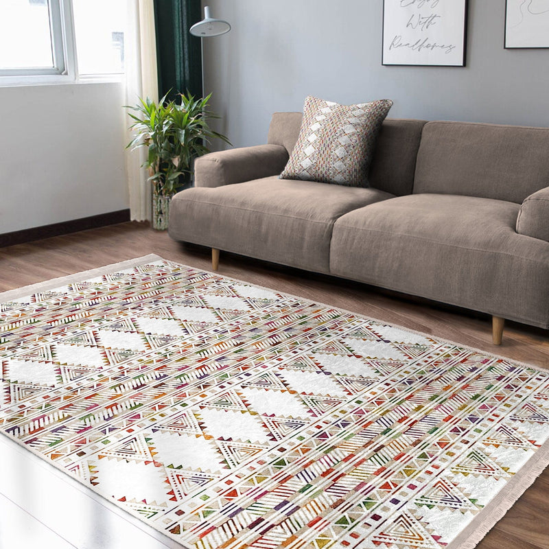 Beyaz Etnik Motifli Kilim Desenli Geometrik Etnik Dijital Baskılı Makinede Yıkanabilir Saçaklı Halı