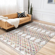 Beyaz Etnik Motifli Kilim Desenli Geometrik Etnik Dijital Baskılı Makinede Yıkanabilir Saçaklı Halı