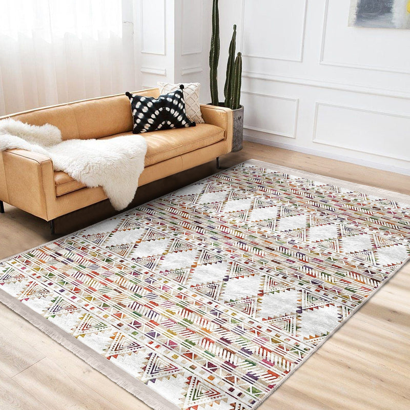 Beyaz Etnik Motifli Kilim Desenli Geometrik Etnik Dijital Baskılı Makinede Yıkanabilir Saçaklı Halı