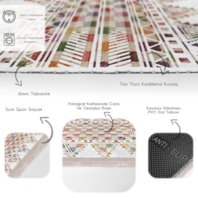 Beyaz Etnik Motifli Kilim Desenli Geometrik Etnik Motifler Salon Oturma Odası Koridor Antre Dijital Baskılı Makinede Yıkanabilir Saçaklı Halı Bonvagon