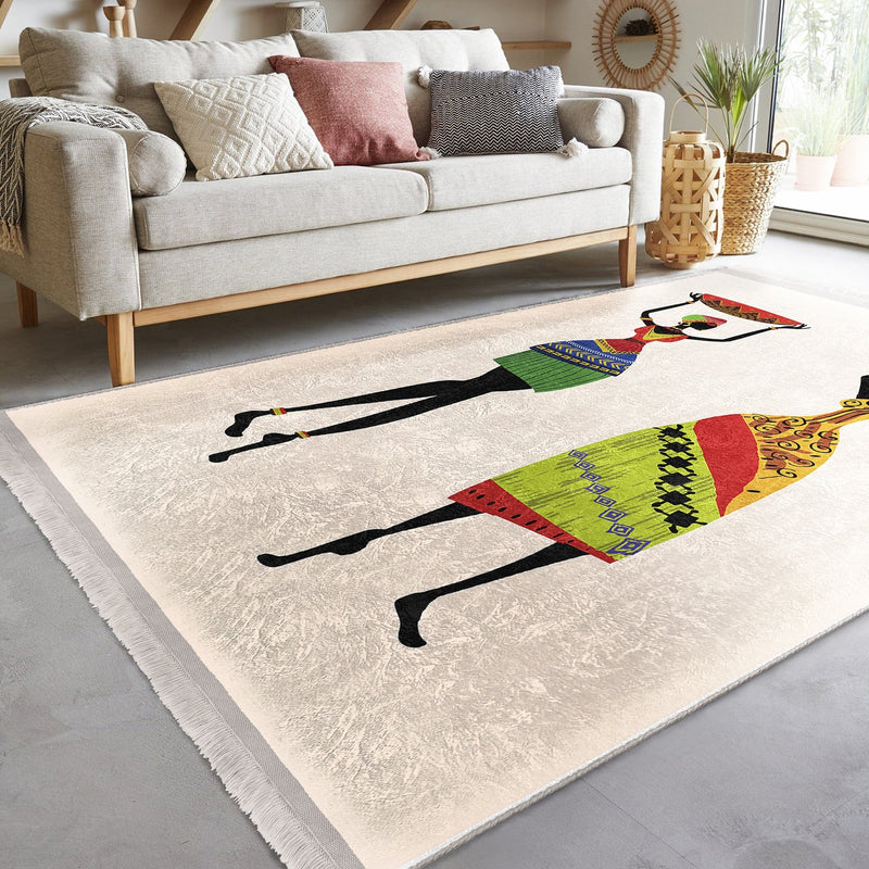 Beyaz Geleneksel Motifli Afrika Kadın Desenli Etnik Motifler Klasik Dış Mekan Outdoor Balkon Dijital Baskılı Makinede Yıkanabilir Saçaklı Halı Bonvagon