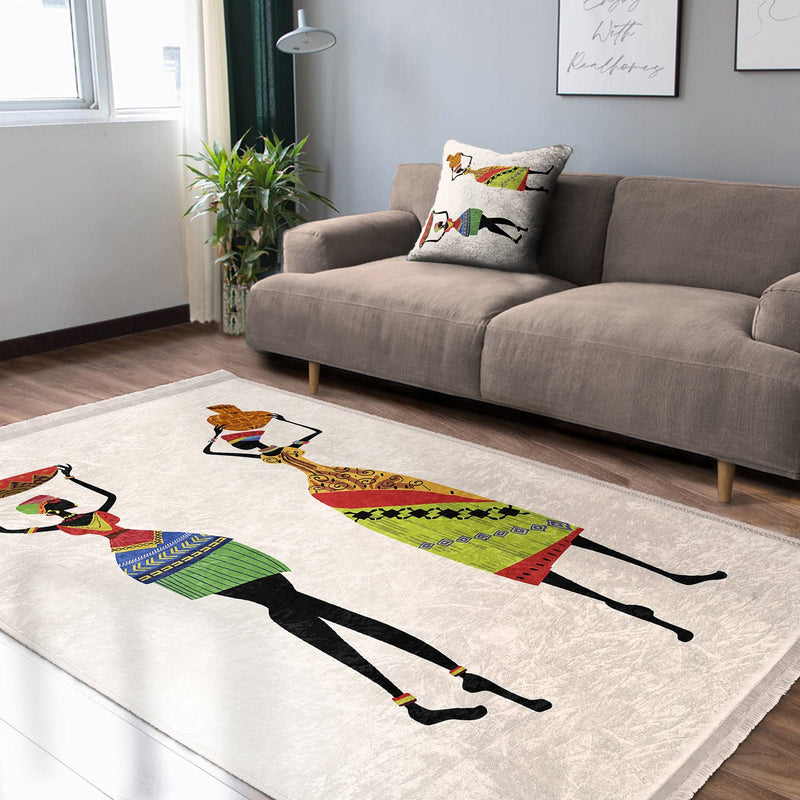 Beyaz Geleneksel Motifli Afrika Kadın Desenli Etnik Motifler Klasik Dış Mekan Outdoor Balkon Dijital Baskılı Makinede Yıkanabilir Saçaklı Halı Bonvagon