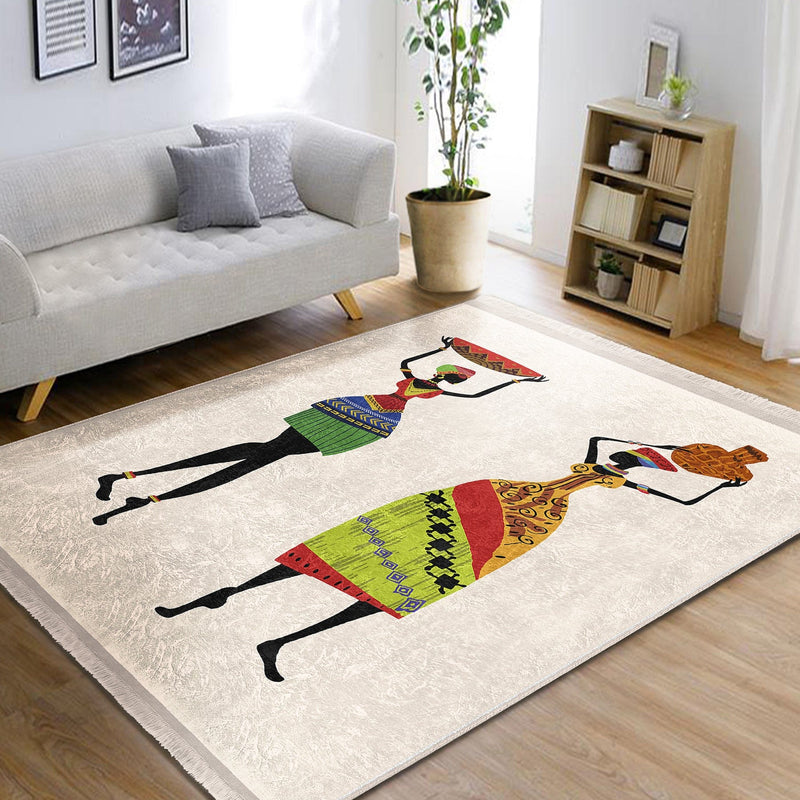 Beyaz Geleneksel Motifli Afrika Kadın Desenli Etnik Motifler Klasik Dış Mekan Outdoor Balkon Dijital Baskılı Makinede Yıkanabilir Saçaklı Halı Bonvagon