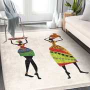 Beyaz Geleneksel Motifli Afrika Kadın Desenli Etnik Motifler Klasik Dış Mekan Outdoor Balkon Dijital Baskılı Makinede Yıkanabilir Saçaklı Halı Bonvagon
