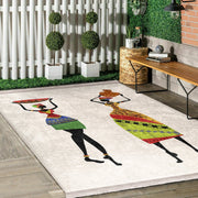 Beyaz Geleneksel Motifli Afrika Kadın Desenli Etnik Motifler Klasik Dış Mekan Outdoor Balkon Dijital Baskılı Makinede Yıkanabilir Saçaklı Halı Bonvagon