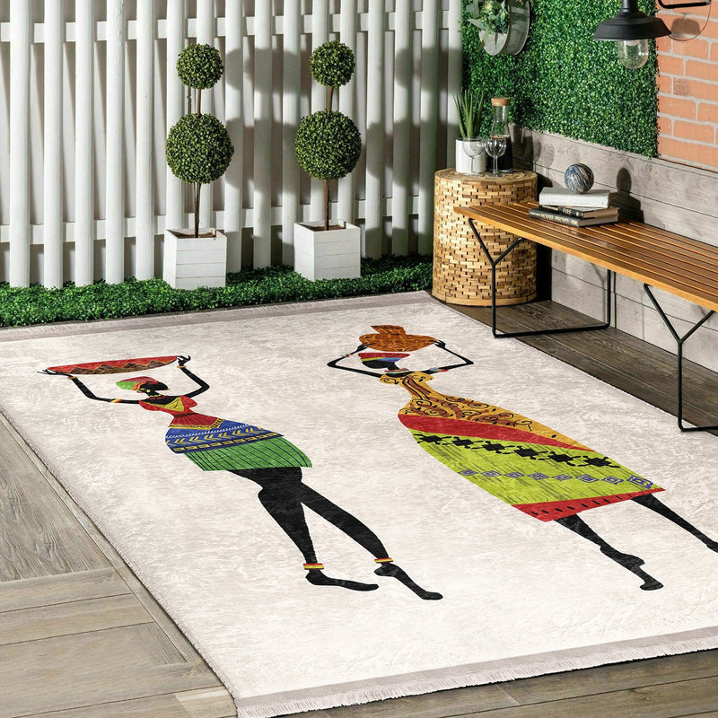 Beyaz Geleneksel Motifli Afrika Kadın Desenli Etnik Motifler Klasik Dış Mekan Outdoor Balkon Dijital Baskılı Makinede Yıkanabilir Saçaklı Halı Bonvagon