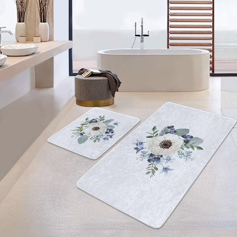 Beyaz Gül Tasarımlı Dijital Baskılı 2li Halı Takımı Kaymaz Taban Yıkanabilir Bonvagon