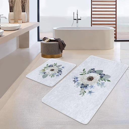 Beyaz Gül Tasarımlı Dijital Baskılı 2li Halı Takımı Kaymaz Taban Yıkanabilir Bonvagon