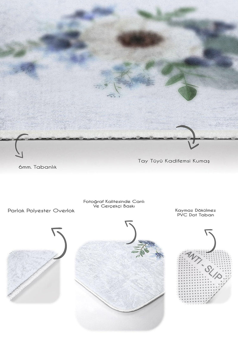 Beyaz Gül Tasarımlı Dijital Baskılı 2li Halı Takımı Kaymaz Taban Yıkanabilir Bonvagon