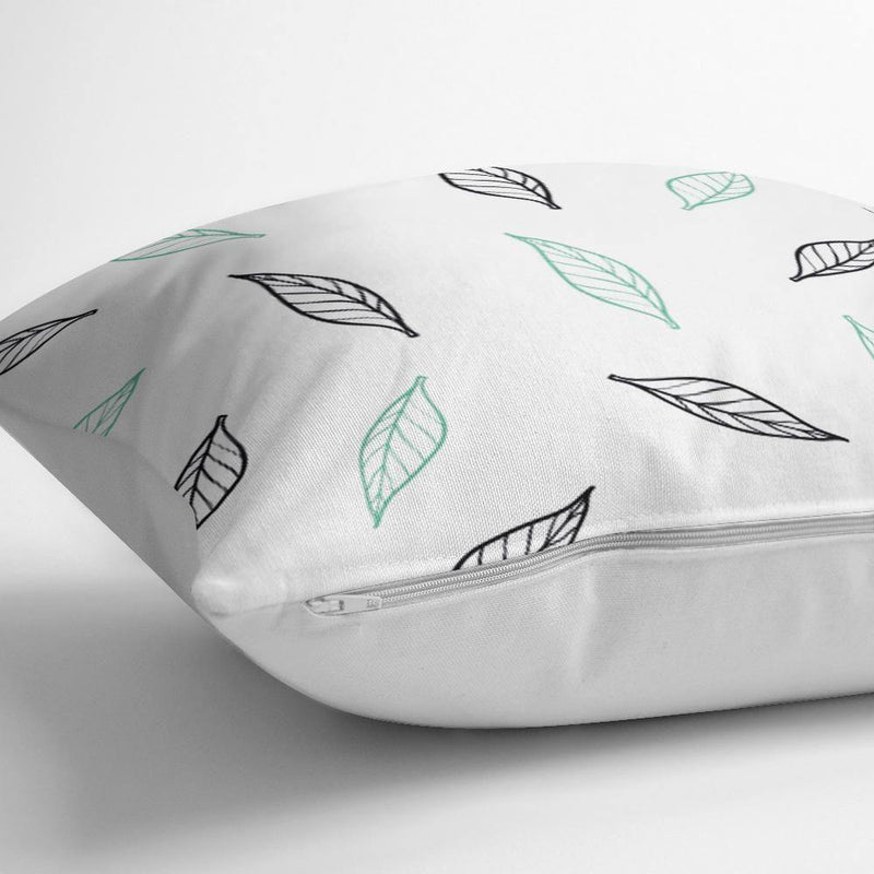 Beyaz Temalı Yaprak Desenli Dijital Baskılı Modern Yastık Kılıfı 43x43cm Bonvagon