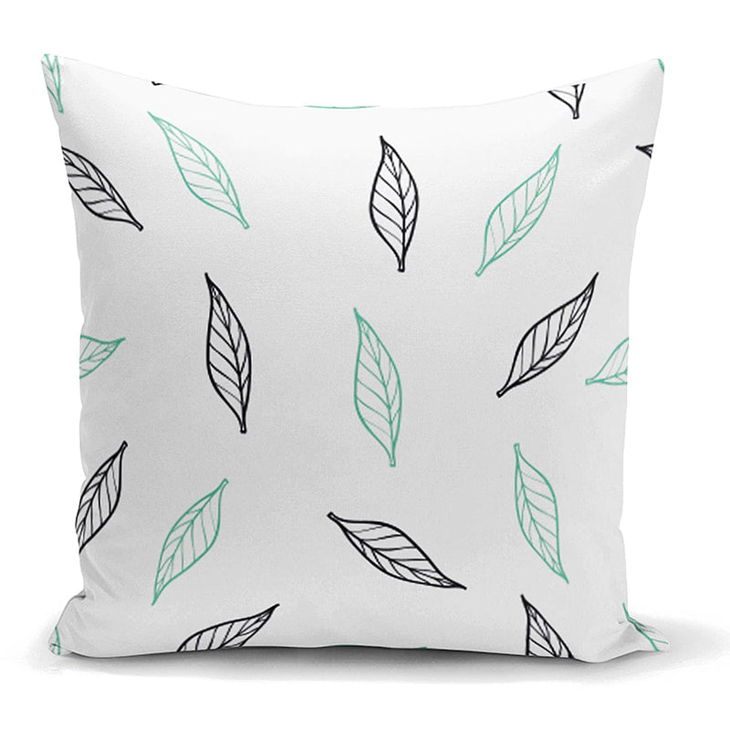 Beyaz Temalı Yaprak Desenli Dijital Baskılı Modern Yastık Kılıfı 43x43cm Bonvagon