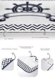 Beyaz Zemin Lacivert Çapa Dümen Motifli 2li Halı Takımı Kaymaz Taban Yıkanabilir Bonvagon