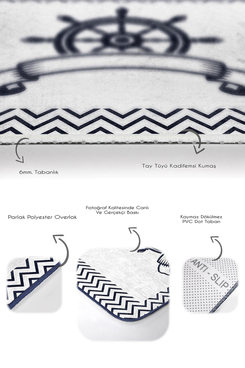 Beyaz Zemin Lacivert Çapa Dümen Motifli 2li Halı Takımı Kaymaz Taban Yıkanabilir Bonvagon