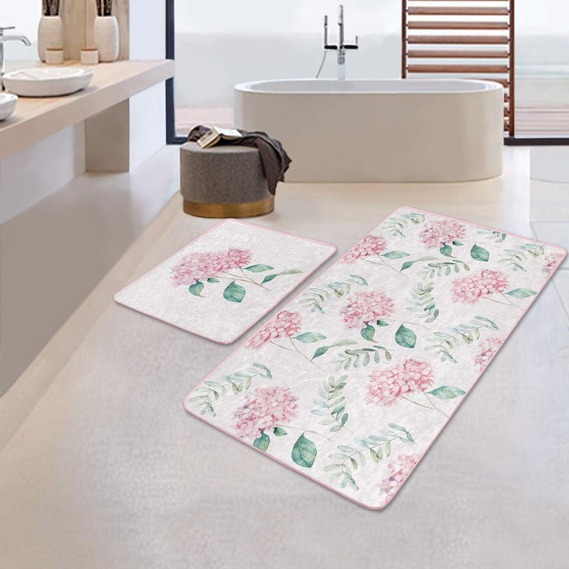 Beyaz Zemin Ortanca Çiçeği Dijital Baskılı 2li Halı Takımı Kaymaz Taban Yıkanabilir Bonvagon