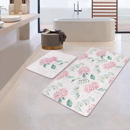 Beyaz Zemin Ortanca Çiçeği Dijital Baskılı 2li Halı Takımı Kaymaz Taban Yıkanabilir Bonvagon