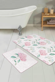 Beyaz Zemin Ortanca Çiçeği Dijital Baskılı 2li Halı Takımı Kaymaz Taban Yıkanabilir Bonvagon