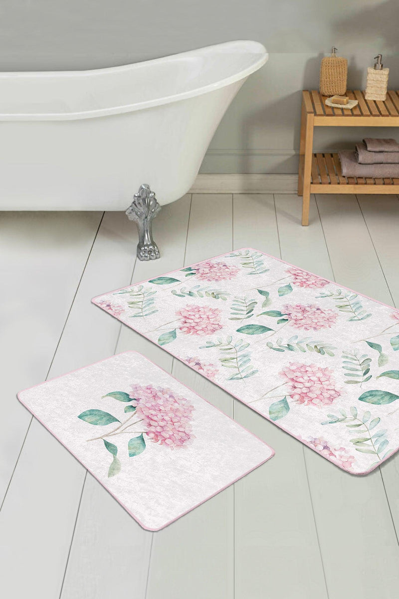 Beyaz Zemin Ortanca Çiçeği Dijital Baskılı 2li Halı Takımı Kaymaz Taban Yıkanabilir Bonvagon