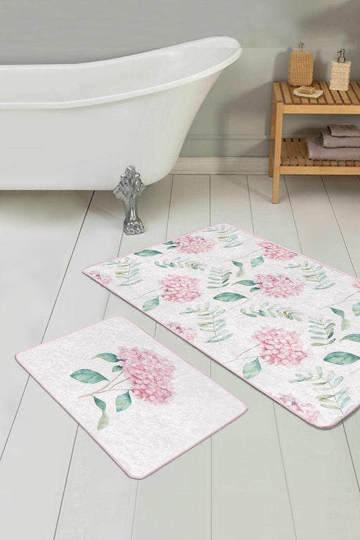 Beyaz Zemin Ortanca Çiçeği Dijital Baskılı 2li Halı Takımı Kaymaz Taban Yıkanabilir Bonvagon