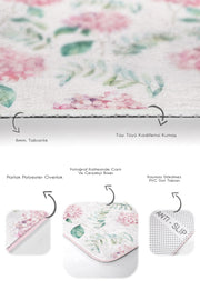 Beyaz Zemin Ortanca Çiçeği Dijital Baskılı 2li Halı Takımı Kaymaz Taban Yıkanabilir Bonvagon