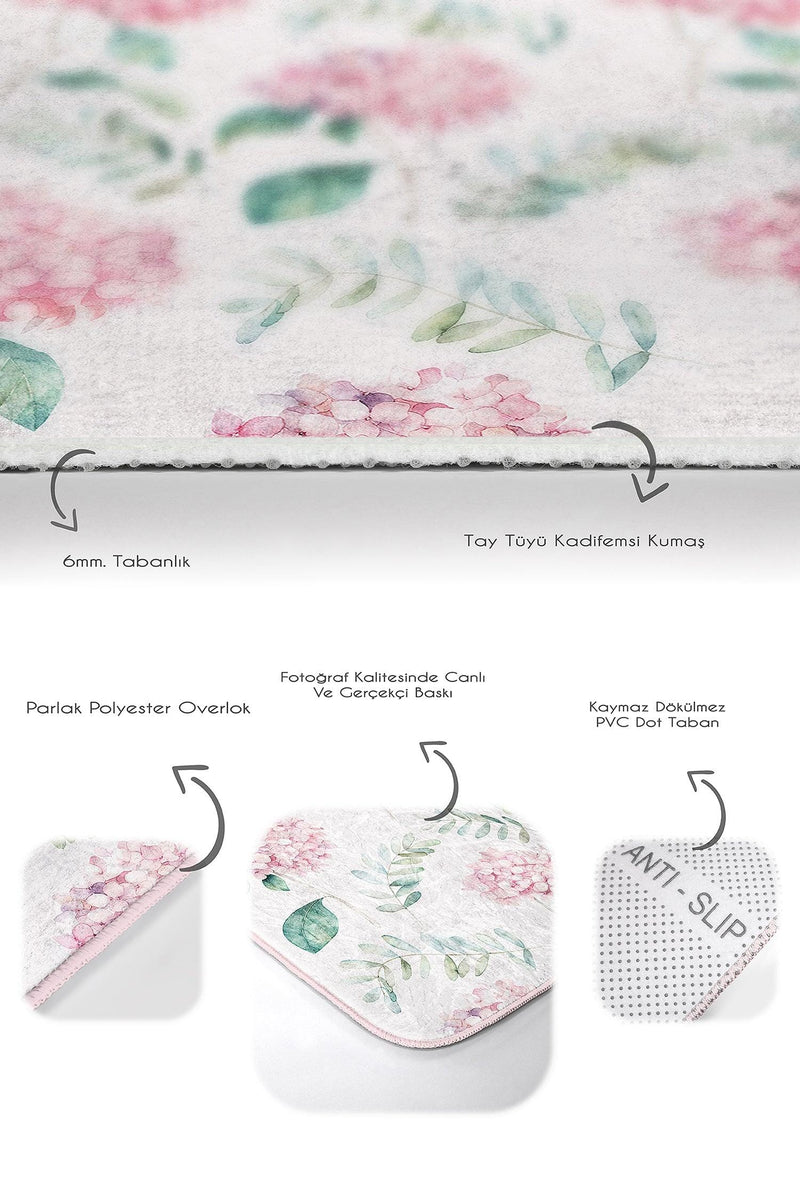 Beyaz Zemin Ortanca Çiçeği Dijital Baskılı 2li Halı Takımı Kaymaz Taban Yıkanabilir Bonvagon