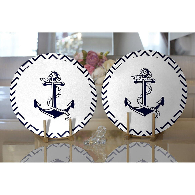 Beyaz Zemin Üzerinde Geometrik Çizimli Çapa Desenli 2li Yuvarlak Amerikan Servisi - Supla Bonvagon