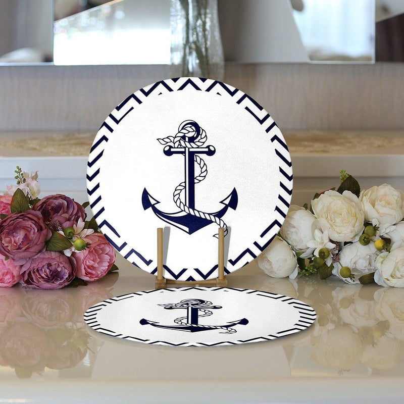 Beyaz Zemin Üzerinde Geometrik Çizimli Çapa Desenli 2li Yuvarlak Amerikan Servisi - Supla Bonvagon