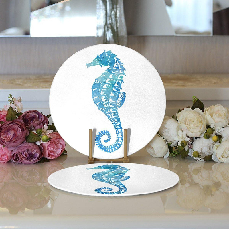 Beyaz Zemin Üzerinde Renkli Deniz Atı Desenli 2li Yuvarlak Amerikan Servisi - Supla Bonvagon