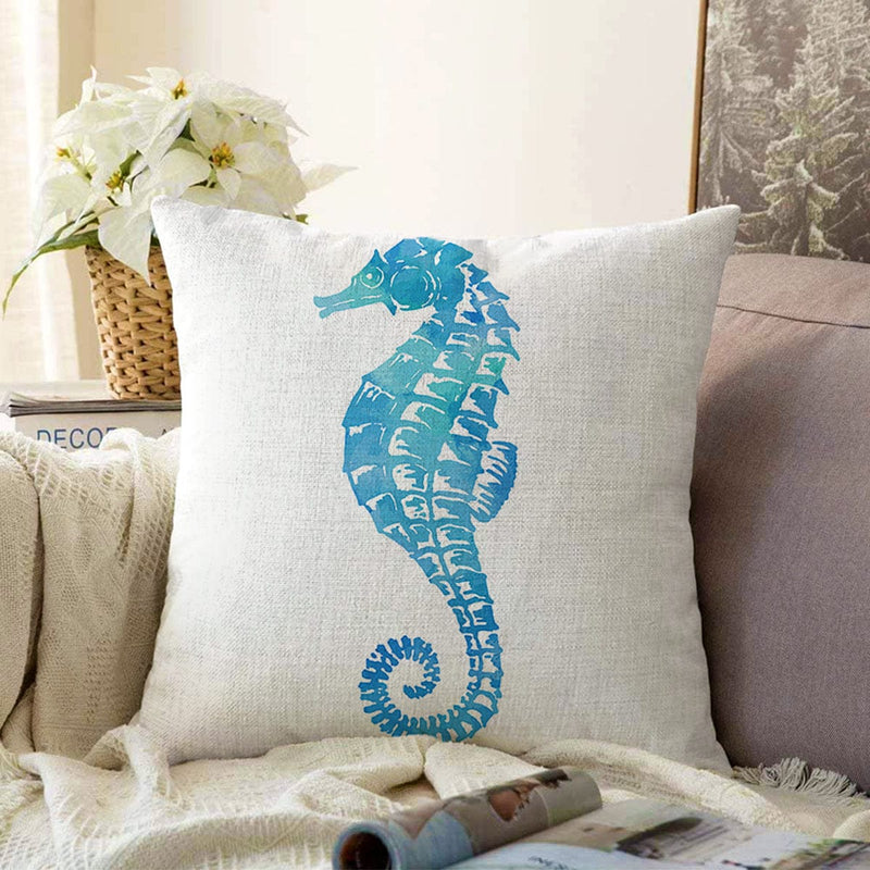 Beyaz Zemin Üzerinde Renkli Deniz Atı Desenli Raşel Kadife Yastık Kırlent Kılıfı Bonvagon