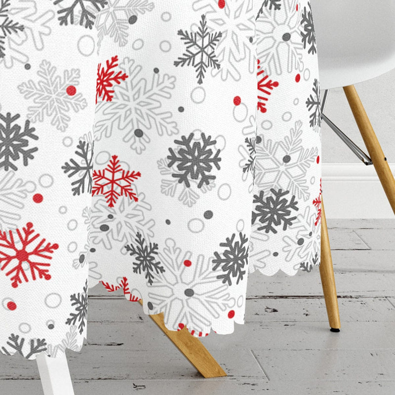 Beyaz Zeminde Kar Taneleri Özel Tasarım Yuvarlak Masa Örtüsü Bonvagon