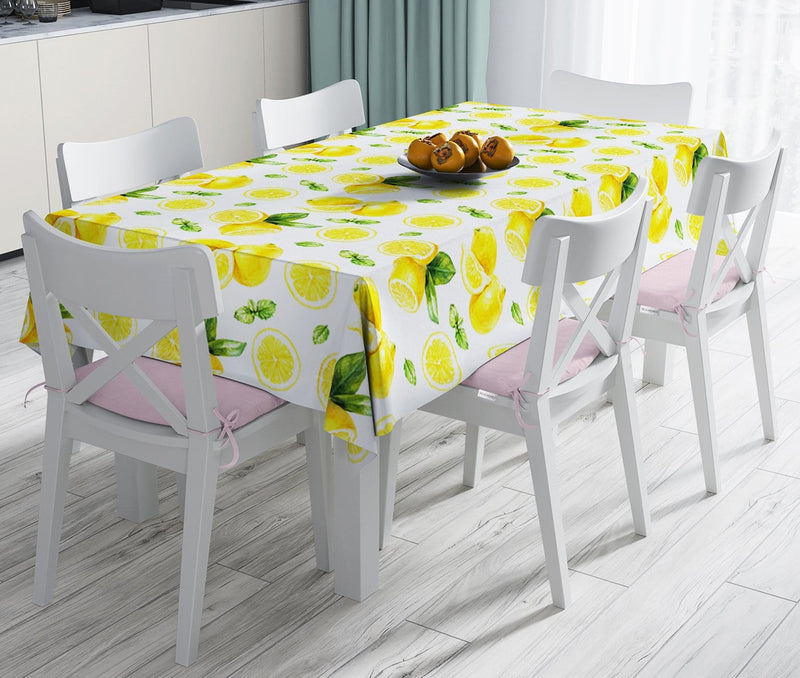 Beyaz Zeminde Limonlar Desenli Dijital Baskılı Leke Tutmaz Masa Örtüsü Bonvagon
