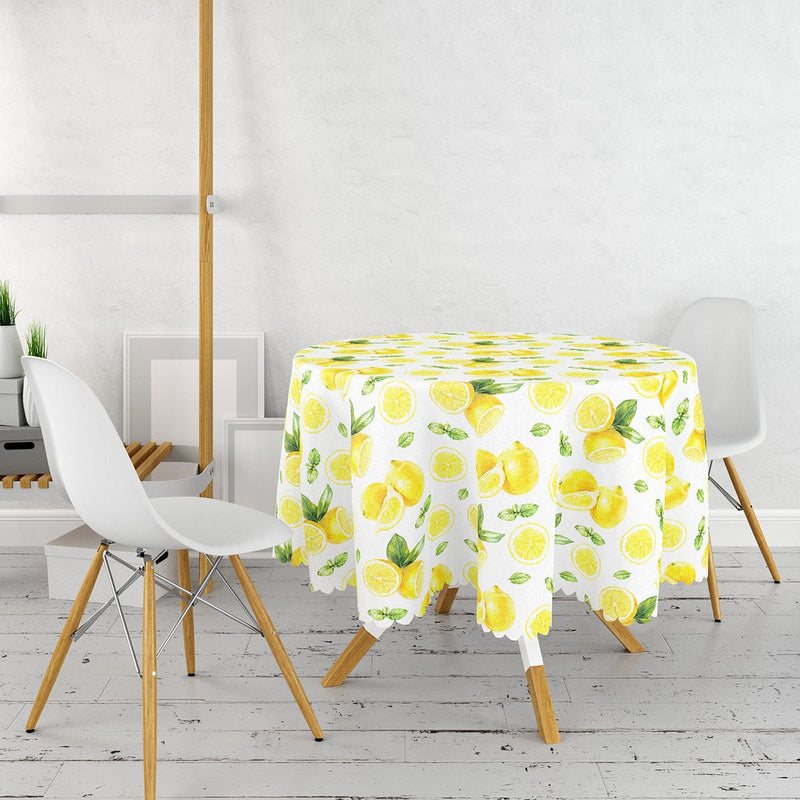 Beyaz Zeminde Limonlar Desenli Dijital Baskılı Leke Tutmaz Yuvarlak Masa Örtüsü Bonvagon