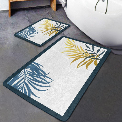 Beyaz Zeminde Renkli Yaprak Desenli Dijital Baskılı 2li Banyo Halısı Takımı Kaymaz Taban Yıkanabilir Bonvagon