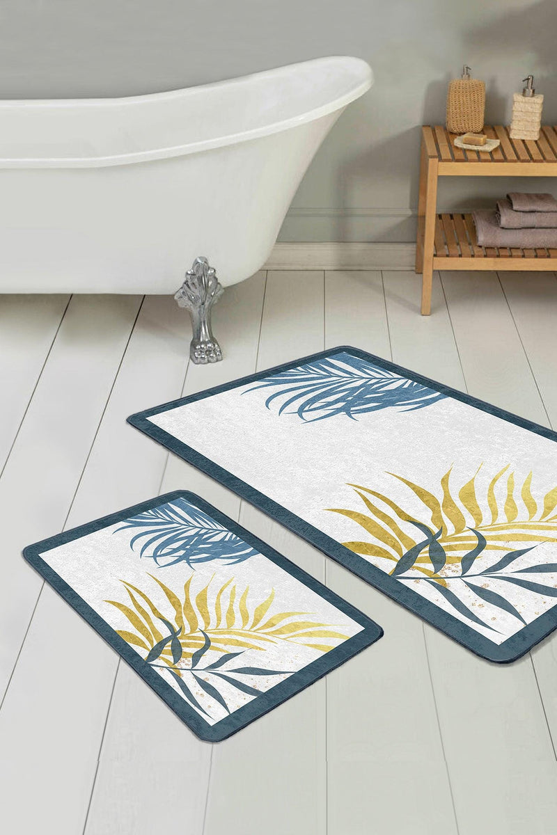 Beyaz Zeminde Renkli Yaprak Desenli Dijital Baskılı 2li Banyo Paspas ve Halısı Takımı Kaymaz Taban Yıkanabilir