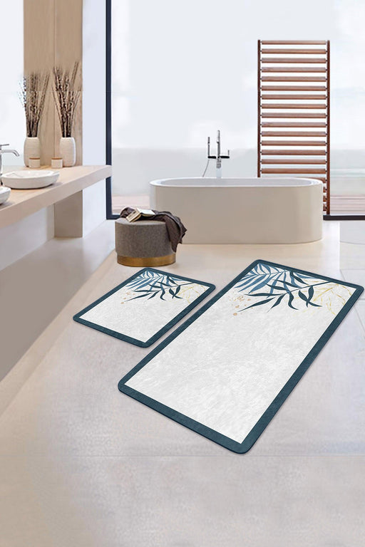 Beyaz Zeminde Renkli Yaprak Özel Tasarım Dijital Baskılı 2li Banyo Halısı Takımı Kaymaz Taban Yıkanabilir Bonvagon