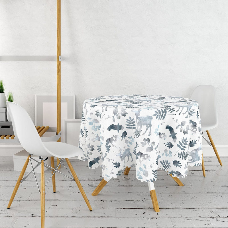 Beyaz Zeminli Geyik ve Yaprak Motifleri Dijital Baskılı Leke Tutmaz Yuvarlak Masa Örtüsü Bonvagon