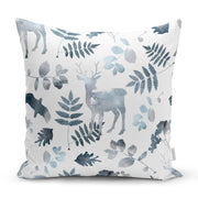 Beyaz Zeminli Geyik ve Yaprak Motifleri Dijital Baskılı Yastık Kırlent Kılıfı 43x43cm Bonvagon