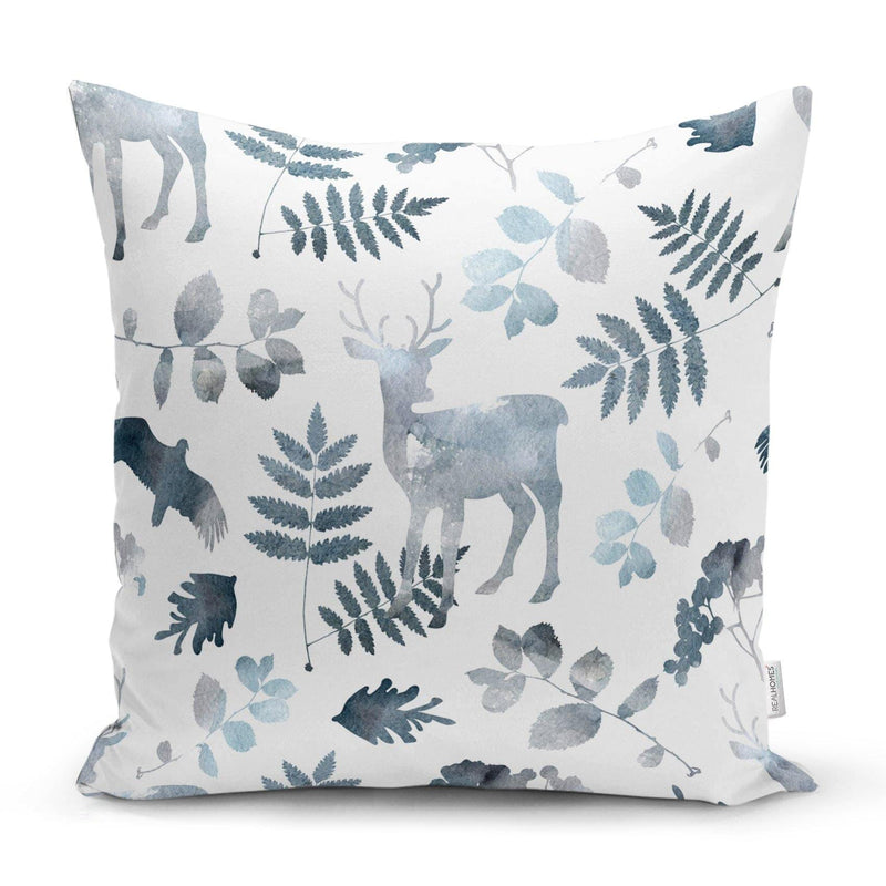 Beyaz Zeminli Geyik ve Yaprak Motifleri Dijital Baskılı Yastık Kırlent Kılıfı 43x43cm Bonvagon