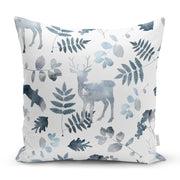 Beyaz Zeminli Geyik ve Yaprak Motifleri Dijital Baskılı Yastık Kırlent Kılıfı 43x43cm Bonvagon