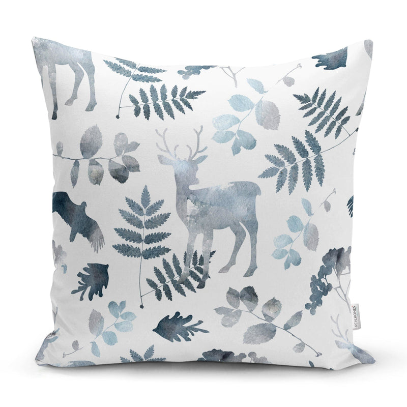 Beyaz Zeminli Geyik ve Yaprak Motifleri Dijital Baskılı Yastık Kırlent Kılıfı 43x43cm Bonvagon