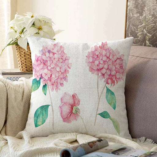 Beyaz Zeminli Rengarenk Ortanca Çiçek Motifli Dijital Baskılı Modern Raşel Kadife Kırlent Kılıfı Bonvagon