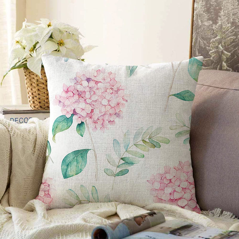 Beyaz Zeminli Yeşil Yapraklı Ortanca Çiçek Dijital Baskılı Modern Raşel Kadife Kırlent Kılıfı Bonvagon