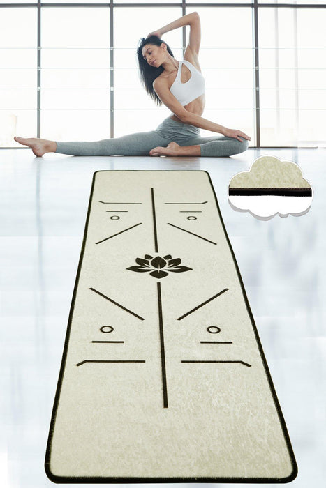 Bikram Beyaz Yoga Temalı Halı 10mm 60x200cm, Kaymaz Taban, Yıkanabilir Bonvagon
