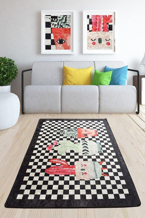 Black Happy Cactus Dijital Baskılı Halı, Kaymaz Taban, Yıkanabilir Bonvagon