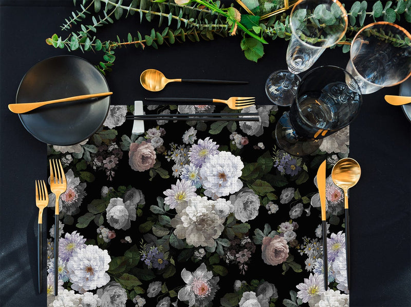 Black Roses 4'lü İnce Keten Kumaş Amerikan Servisi 50x35cm Bonvagon