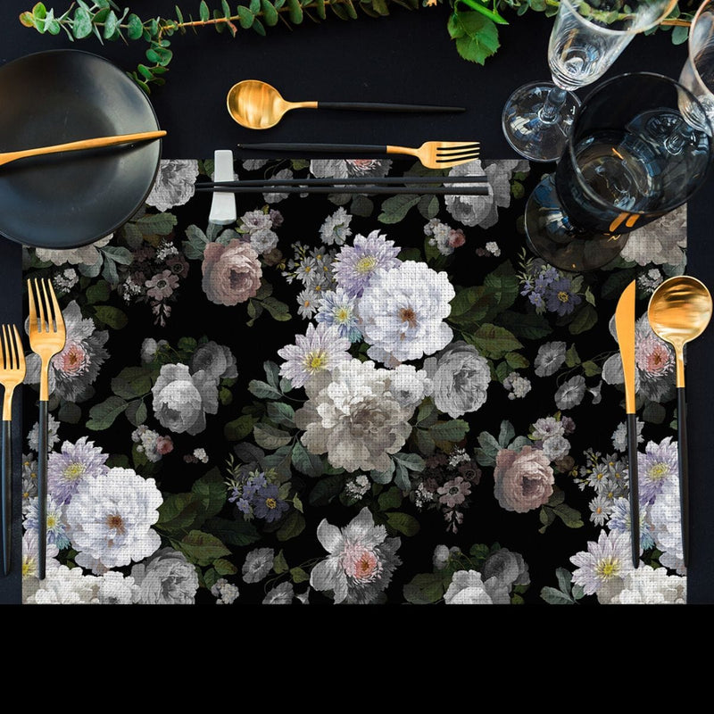 Black Roses 4'lü İnce Keten Kumaş Amerikan Servisi 50x35cm Bonvagon