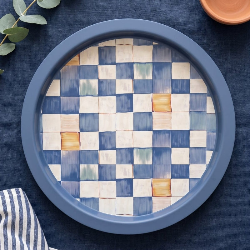 Blue Checkers Yuvarlak Tepsi 31.5 cm