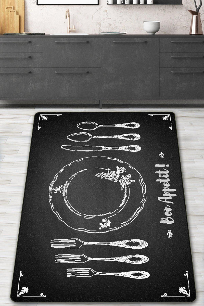 Bon Appetit Dijital Baskılı Mutfak Halısı, Kaymaz Taban, Yıkanabilir Bonvagon