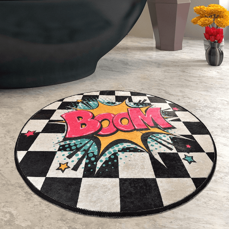 Boom Dijital Baskılı Yuvarlak Banyo Paspas ve Halısı, Kaymaz Taban, Yıkanabilir Bonvagon