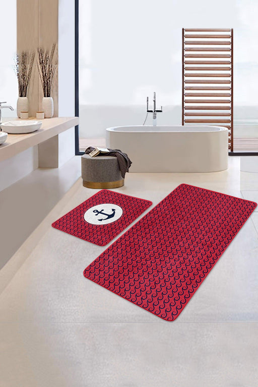 Bordo Zemin Lacivert Dalga Detaylı Özel Tasarım 2li Halı Takımı Kaymaz Taban Yıkanabilir Bonvagon